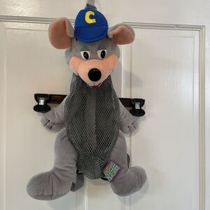 Vintage Chuck E Cheese Mesh Adjustable Gray Blue Backpack Bag Plush Prize 2002